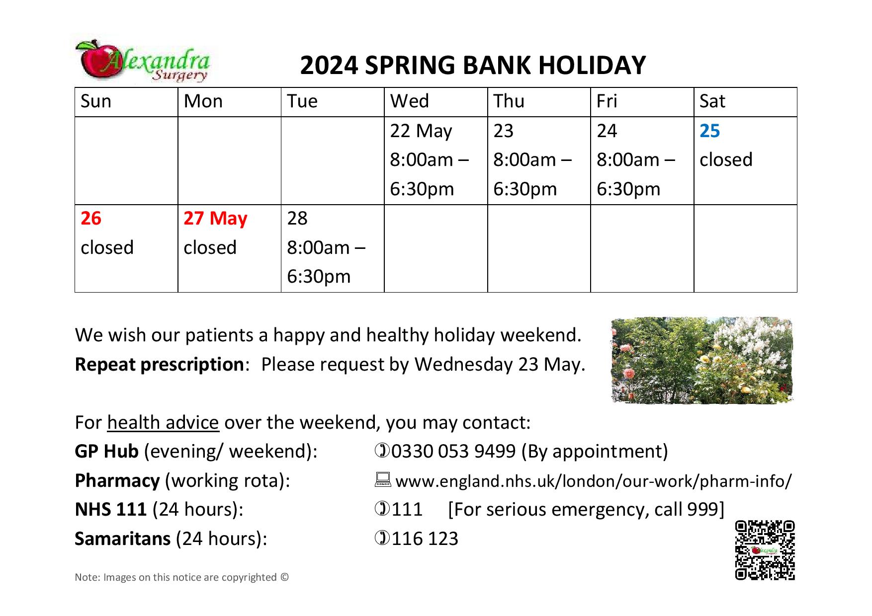 Spring Bank Holiday opening 2024